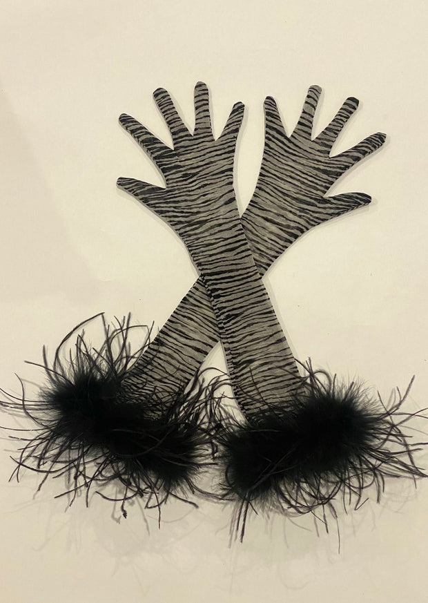 Zebra Print Mesh Opera Gloves with Trim